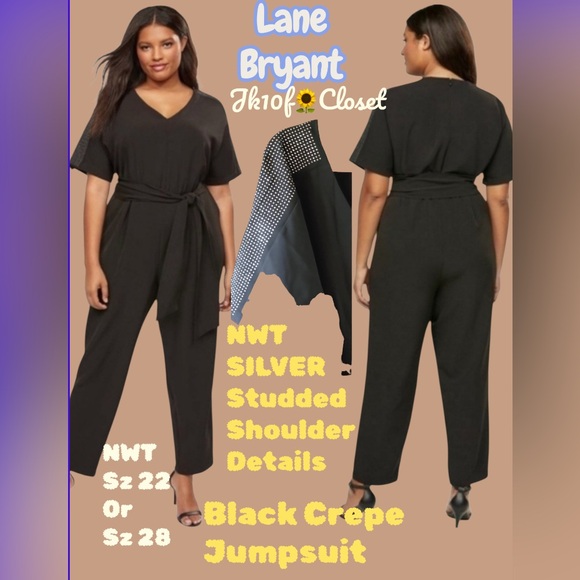 🌻NWT LANE BRYANT Sz28 SILVER STUDDED SHOULDERS BLACK CREPE BELTED JUMPSUIT - Picture 14 of 15